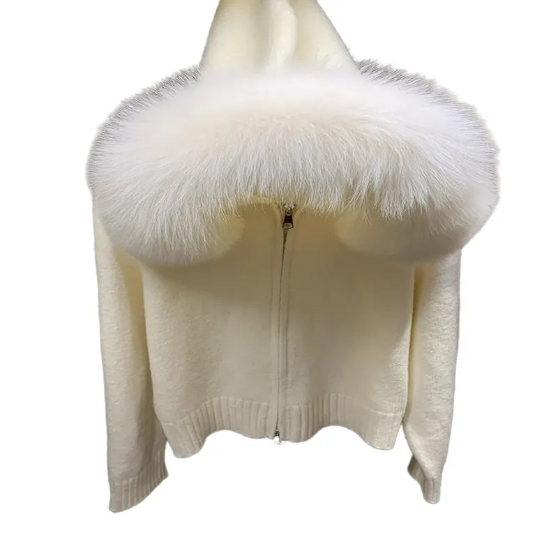 

Sweet cream Gentle fox fur collar hooded thick knitted fur coat for autumn and winter, slimming, versatile and elegant