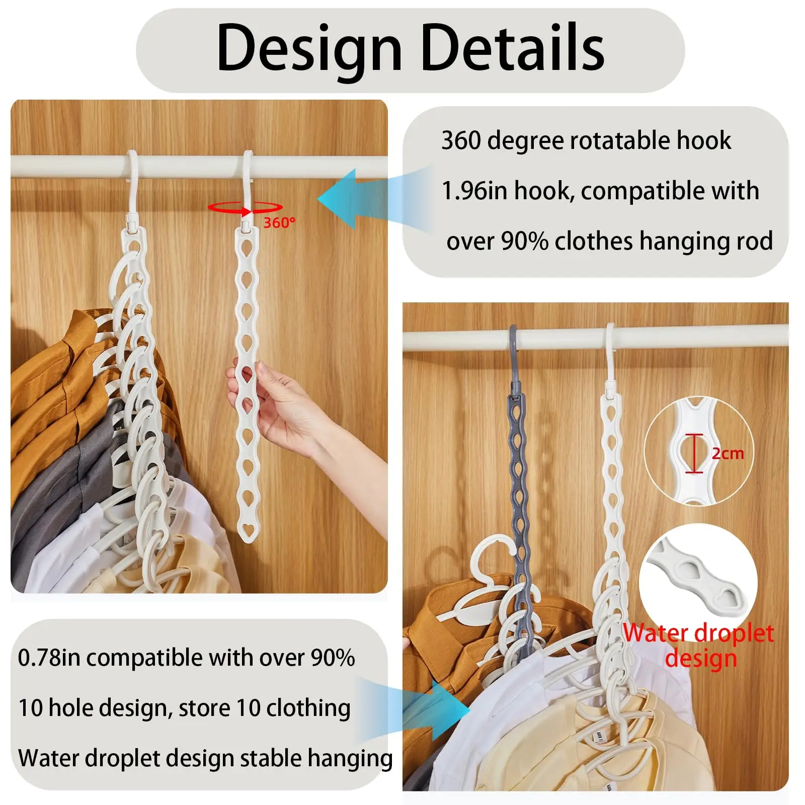 Saving Space Hanger,Anti-Sliding Water Droplet Holes,Strong Toughness and Load-Bearing Capacity,S-Shaped Hook for Any Wardrobe