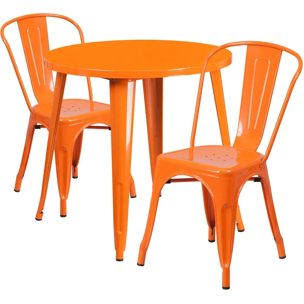 

Commercial 30 Round Orange Metal IndoorOutdoor Table Set with 2 Cafe Chairs