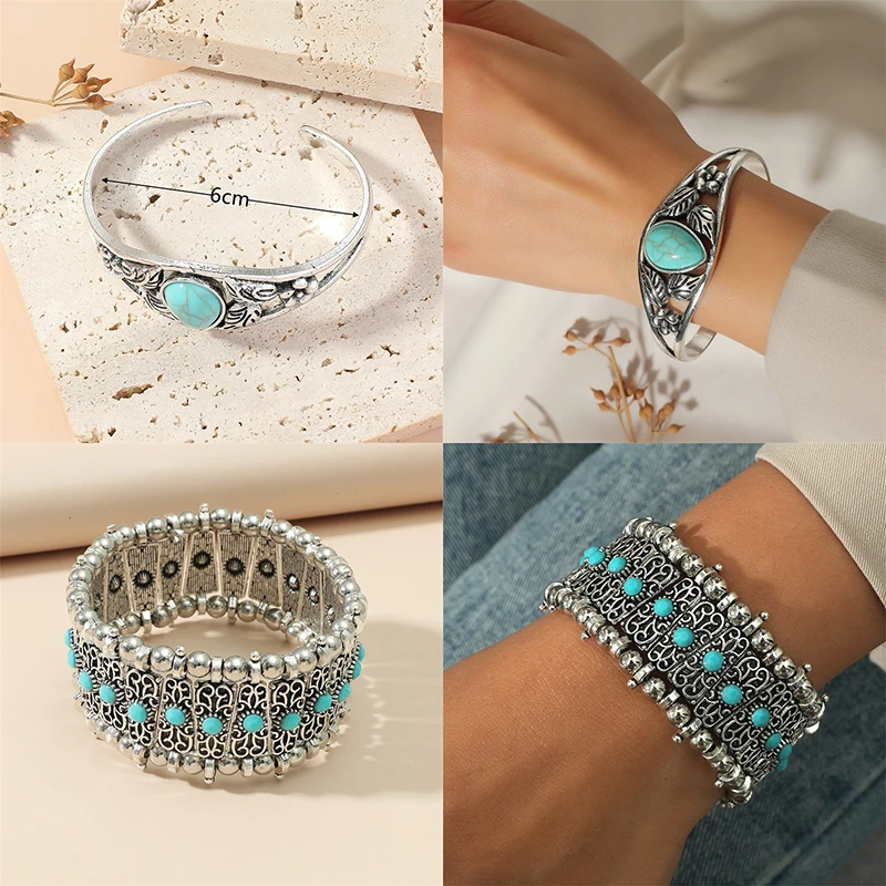 Vintage Boho Turquoise Stone Beaded Bracelet for Women Luxury Rhinestones Charm Bangle Ethnic Bracelets Accessories Jewelry Gift