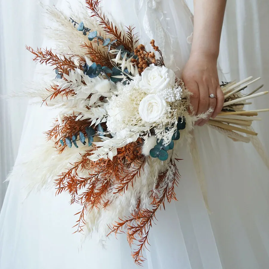 Wedding Bouquets for Bride Natural Pampas Bouquets Bride white Rose Dried Flowers Bridal Bouquet for Boho Rustic Wedding Party