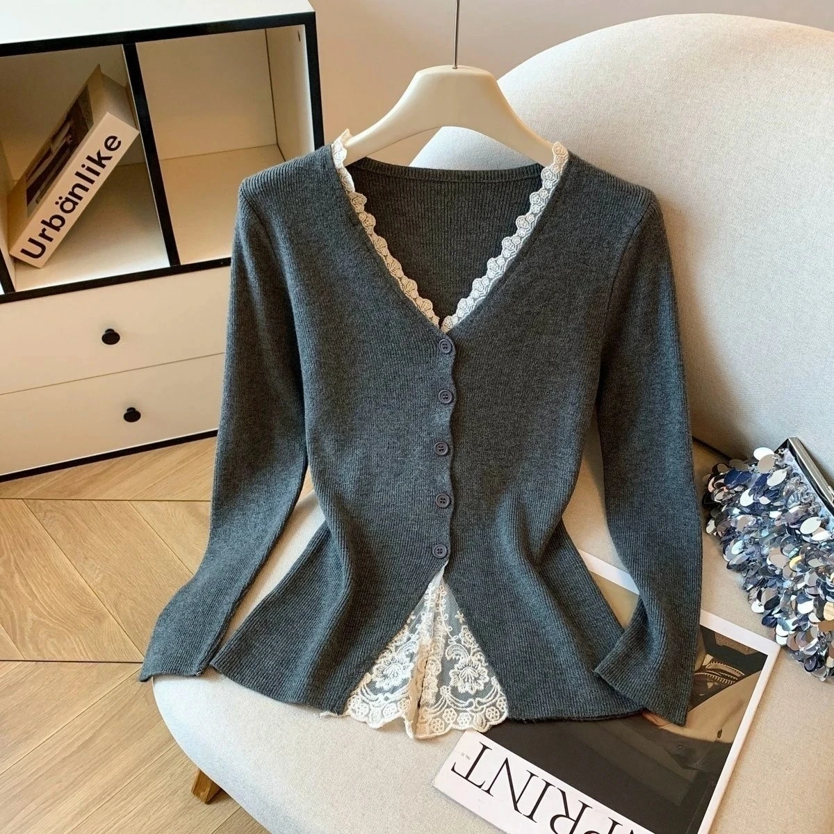 

Ele Lace Splice V-Ne Women's Sweater Cardigan Slim Fit Versatile High End Winter Design Commute Sle Long Sve irt