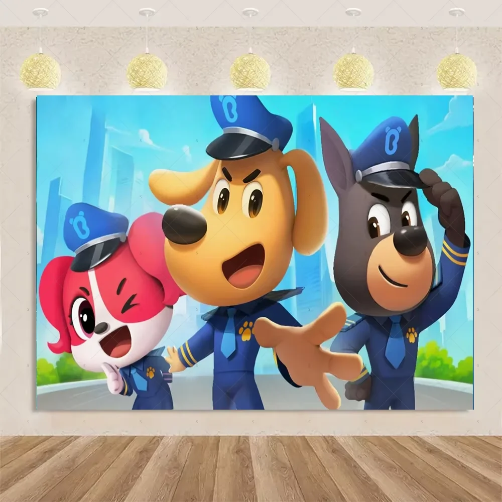 Cartoon Police Dogs Birthday Party Backdrop Rescue Team Pup Adventure City Boys Girls Custom Photo Booth Cake Banner Decor Props