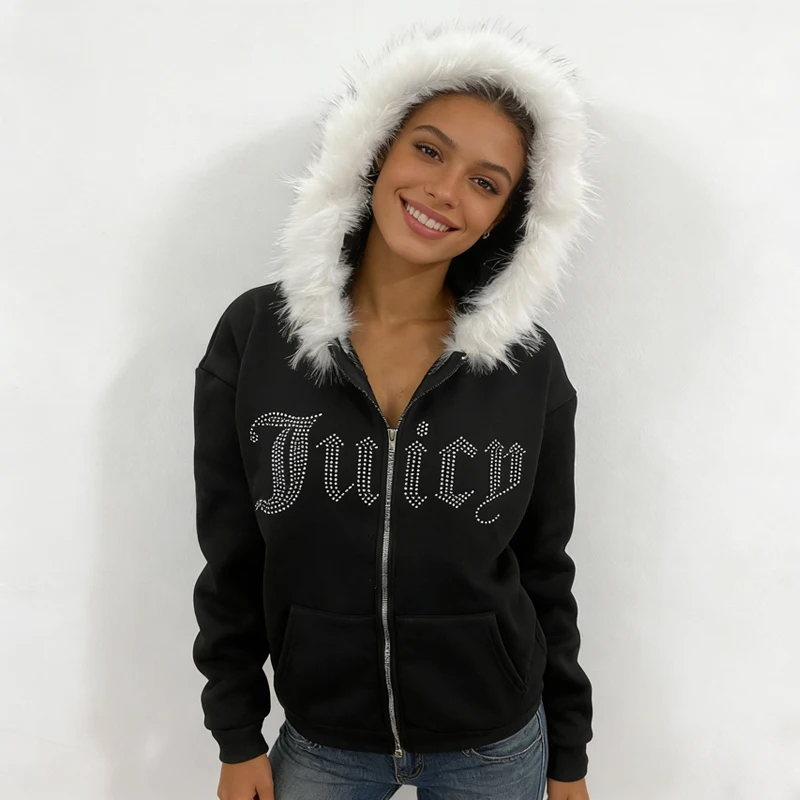 Subculture Y2K new fur collar cardigan sweatshirt zipper jacket European and American letter hot stamping retro sweatshirt jacke - view 6