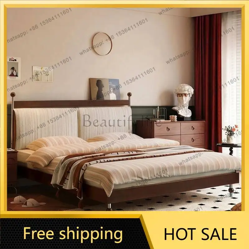 LJY Brown Luxury Double Bed Elegant Nordic Normal Italian Wooden Double Bed 180x200 Modern Lounge Letto Matrimoniale Furniture H