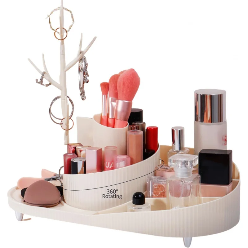 

360 ° Rotating Makeup Organizer With Jewelry Stand,Thickened Plastic Material，Large Capacity Cosmetic Storage Box, Portable Va