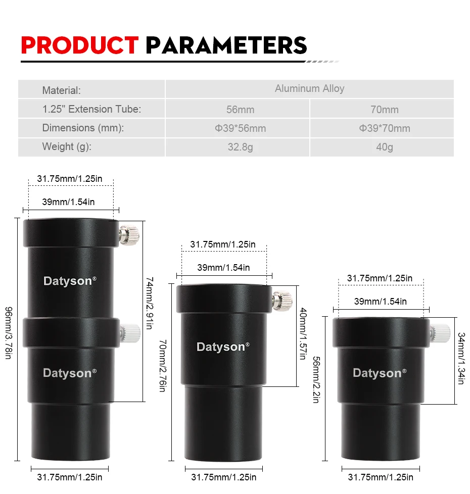Datyson Teleskop-Okular-Metallverlängerungsrohr, multifunktionaler Adapter 56 mm/70 mm für 1,25-Zoll-Schnittstelle von astronomischen Teleskopen. – Detail 2