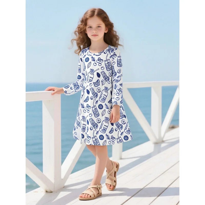 2025 الفتيات الأزرق والأبيض الصودا الفاكهة طباعة فستان بكم طويل الربيع والصيف الطازجة شاطئ البحر نمط الاطفال الركبة طول تنورة