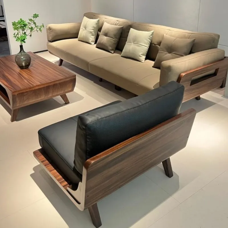 Sofa combination size apartment solid wood, leather living room sofa combination