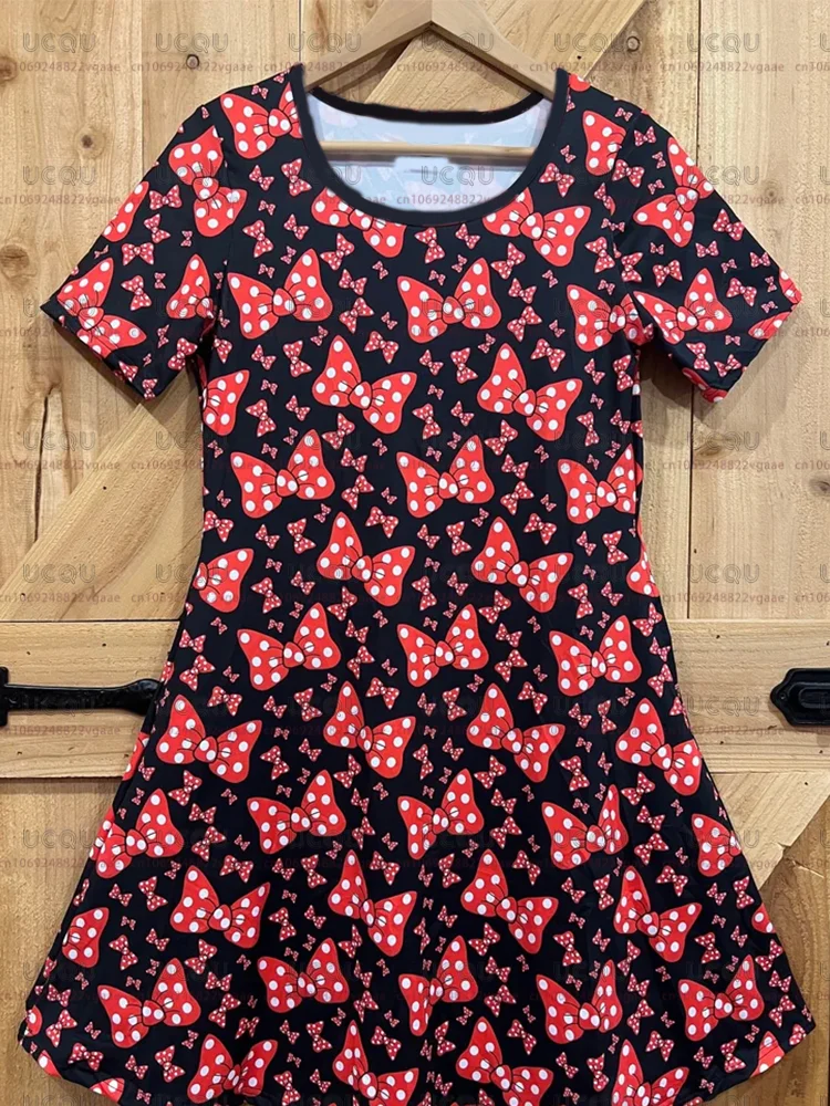 2025 ديزني ميني ماوس الأحمر البولكا نقطة القوس طباعة فستان أسود قصير الأكمام تنورة النساء الفتيات هدية Y2k الملابس تي شيرت جديد #5