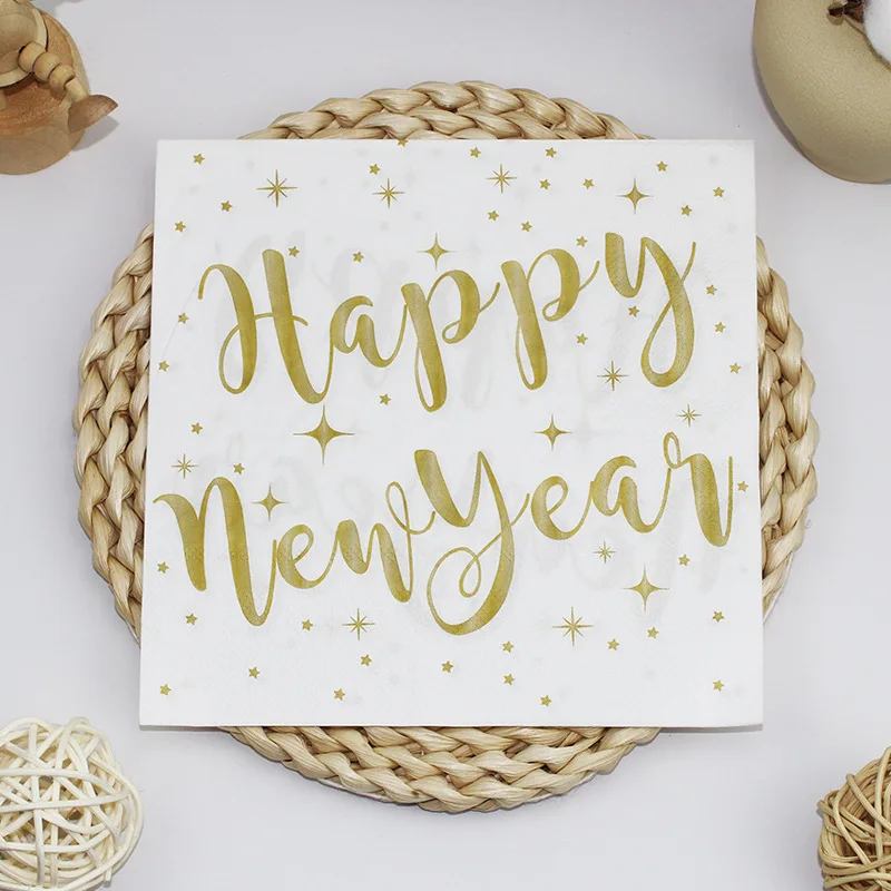 20 ชิ้น กระดาษเช็ดปากลายสุขสันต์ปีใหม่แบบใช้แล้วทิ้ง ของตกแต่งโต๊ะคริสต์มาส งานเฉลิมฉลอง กระดาษเช็ดปากสีทองลายปีใหม่ กระดาษตกแต่ง