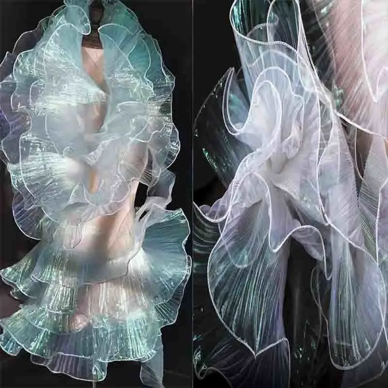 Deep sea blue pleated lotus leaf lace fabric phantom gradual change gauze skirt pendulum DIY clothing design accessories fabric