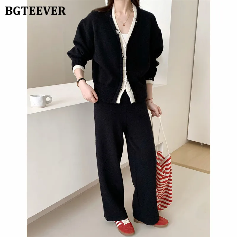 BGTEEVER Weibliche Gestrickte Trainingsanzüge V-ausschnitt einreiher Strickjacken Pullover Frauen Pullover Hosen Damen Stricken Set