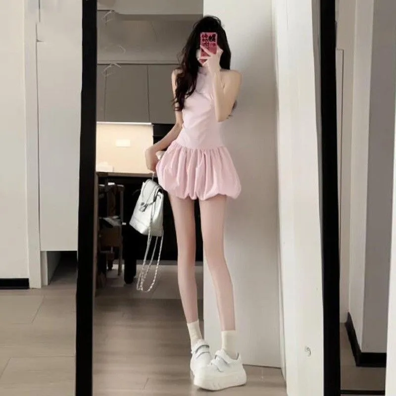 2025 Spring and Summer New Women's Sweet and Pink Sleeveless Hanging Neck Dress