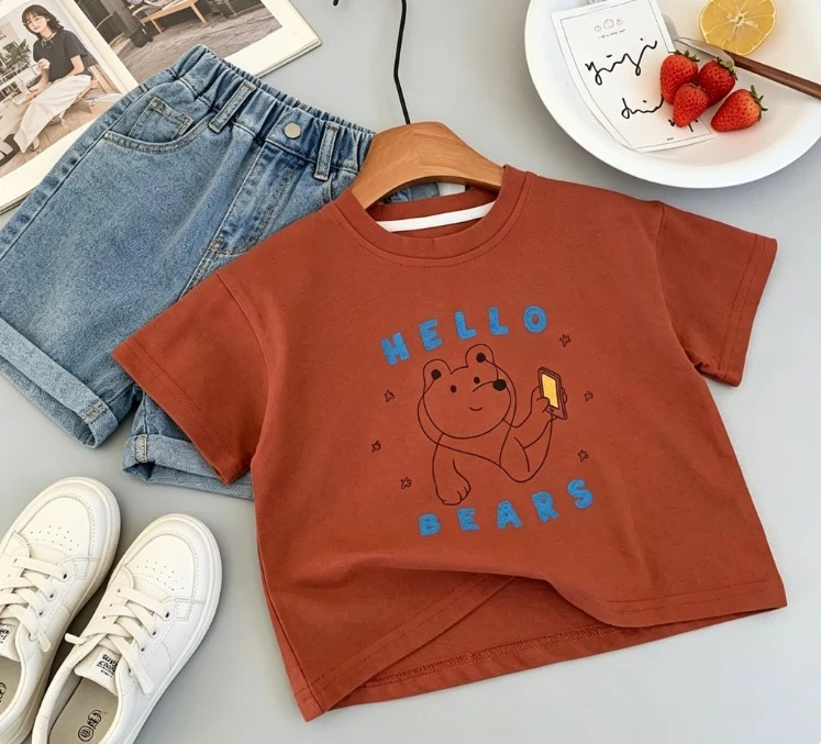 Kids Versatile Cotton T Shirt With Hello Bears Print Short And Long Sleeve Top Comfortable Wear For Boys Girls 9M-6T Baby Cloth