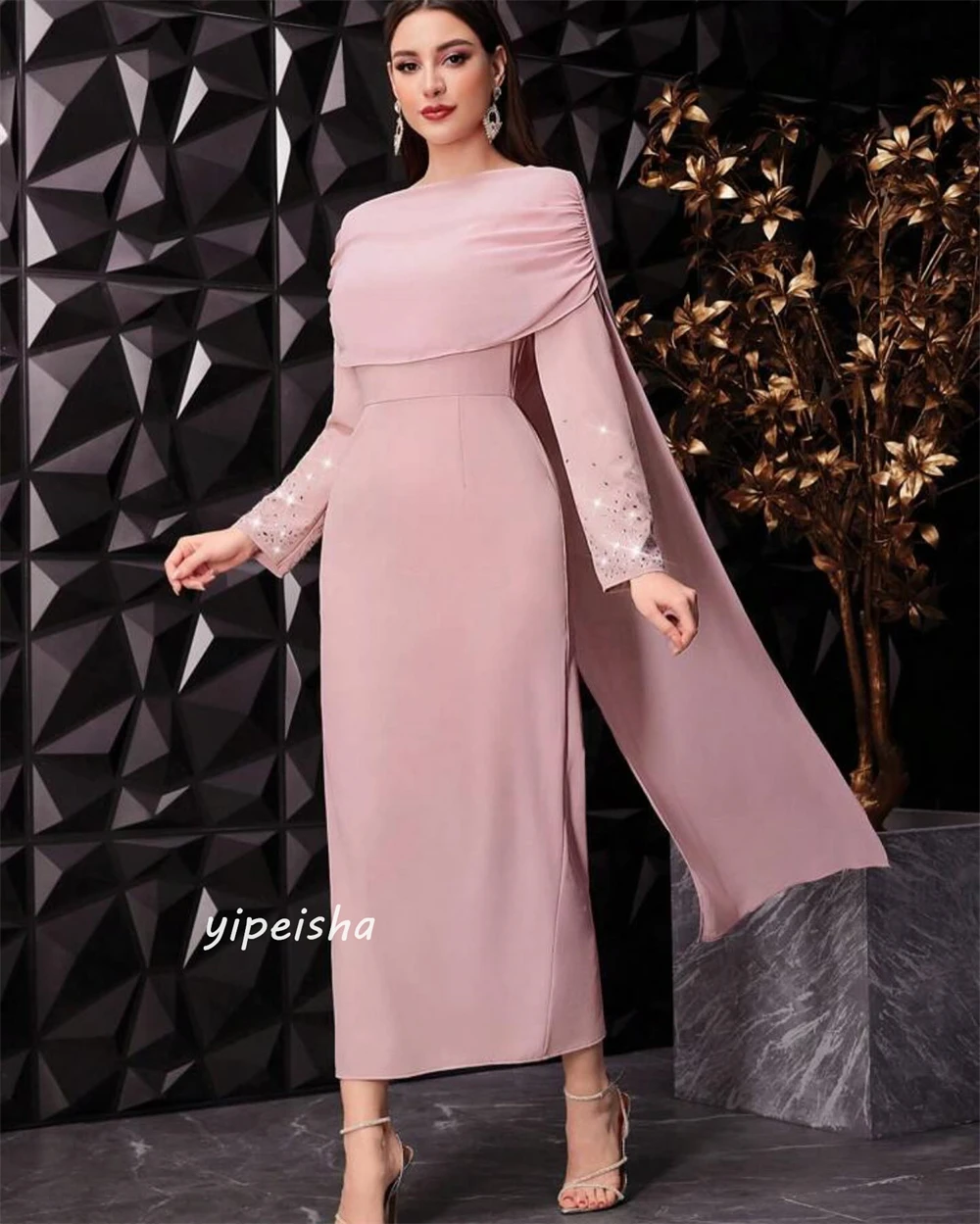   Satin Beading Pleat Birthday Sheath Boat Neck Bespoke Occasion Gown Long Sleeve Dresses