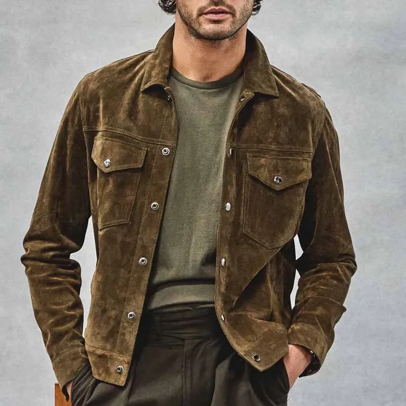 

Men's New Corduroy Casual Jacket Shirt, European and American Retro Lapel Workwear, Solid - Color Long - Sleeved Safari Jacket.