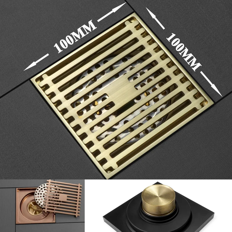 Floor Drain 10CM Shower Floor Drain Brass Brushed Rose Gold Bathroom Deodorant Conceal Floor Drain Strainer Cover Grate Waste