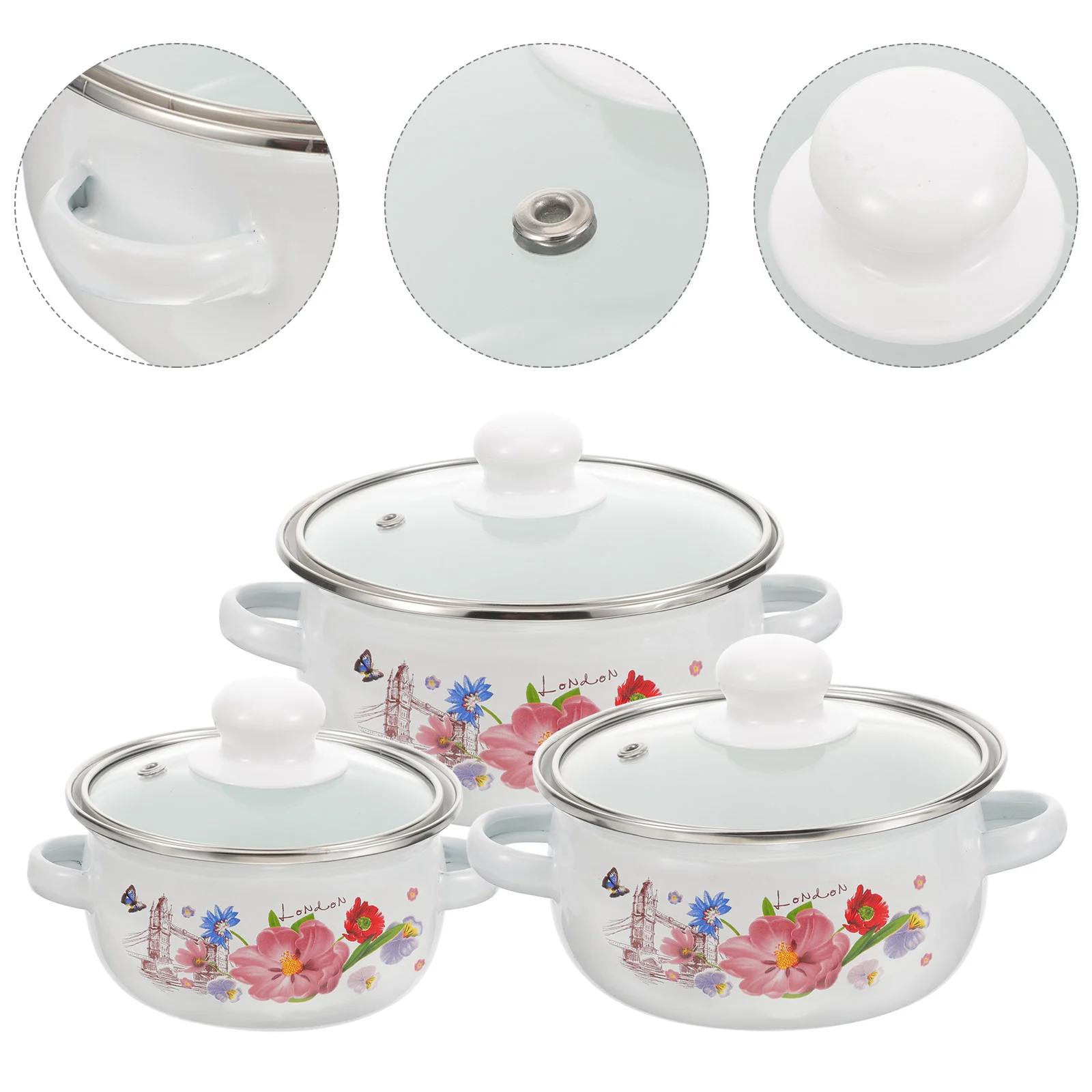 

3 Pcs Enamel Pot Three-piece Set Vintage Soup Flowers Stockpot Home Cookware Wear-resistant Cooking