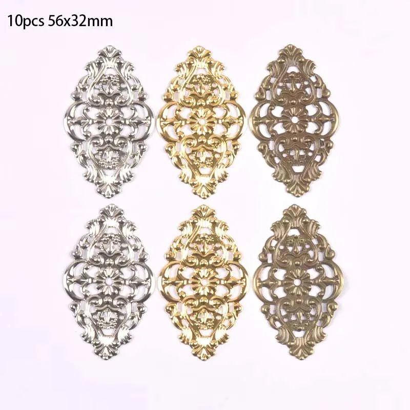 10Pcs gold silver and Bronze Tone Filigree Wraps Connectors Metal Crafts Gift Decoration DIY 56x32mm YKL0904