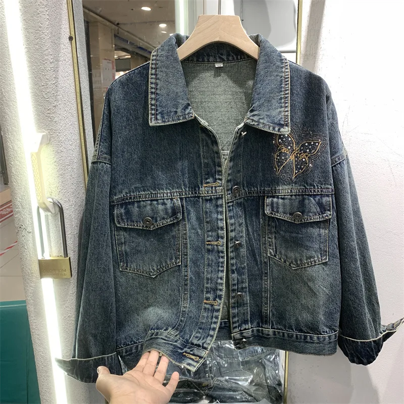 

Джинсовая куртка со стразами и бабочкой, винтажный укороченный топ с карманом - осенняя модная куртка Y2K 2025 года