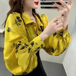 Korean Style Retro Light Luxury Chic Printed Lapel Shirt Women Tops Spring Autumn Temperament Slim Floral Lantern Sleeve Shirt