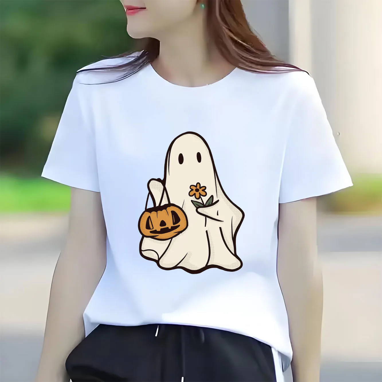 تي شيرت Halloween Retro BOO Four Seasons بأكمام قصيرة ومتعدد الوظائف كاجوال للمهرجانات النسائية