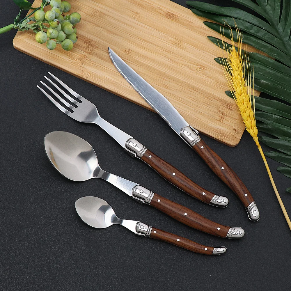 Jaswehome 4PCS Stainless Steak Knife Set Dinnerware Set ABS Wood Grain Handle Flatware Knife Fork Spoon Tableware