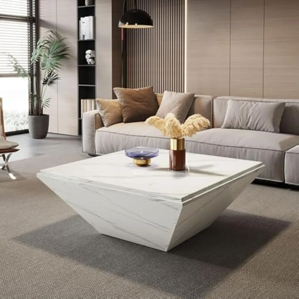 

Modern Square Faux Marble Coffee Table, 35.43-Inch Large Living Room Cocktail Table with Wooden Design