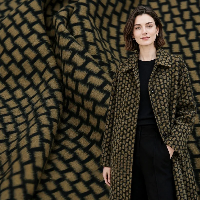 2 Yards Soft and warm Camel black geometric jacquard wool fabric for jackets, and suits – a fabric used by clothing designersA