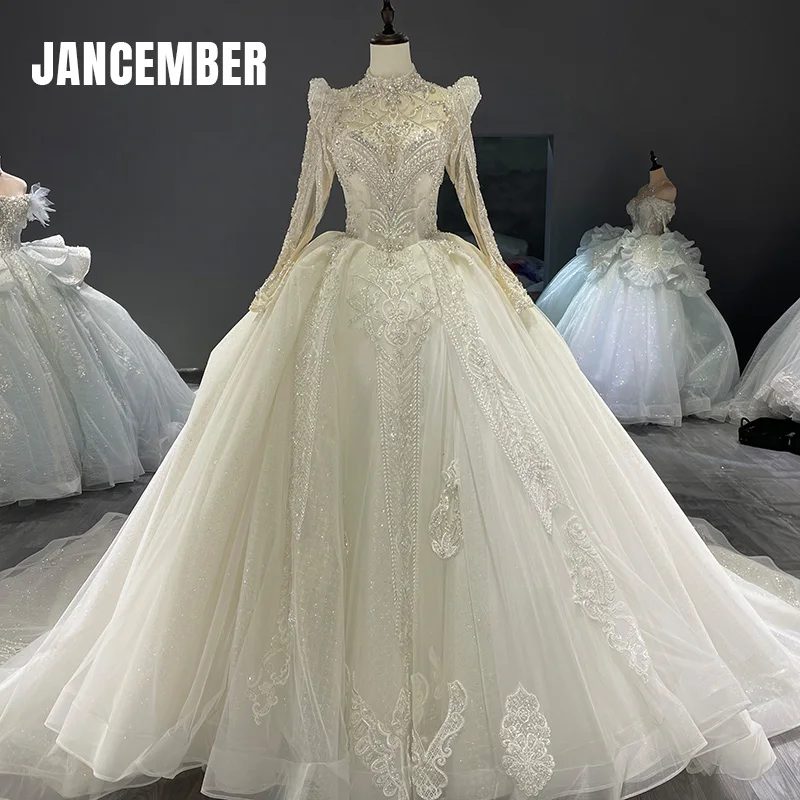 Jancember O-Neck Full Sleeves Puff Sleeves Backless Chapel Train Crystal Lace Up Stylish Wedding Dress 2023 robe de marie 1828