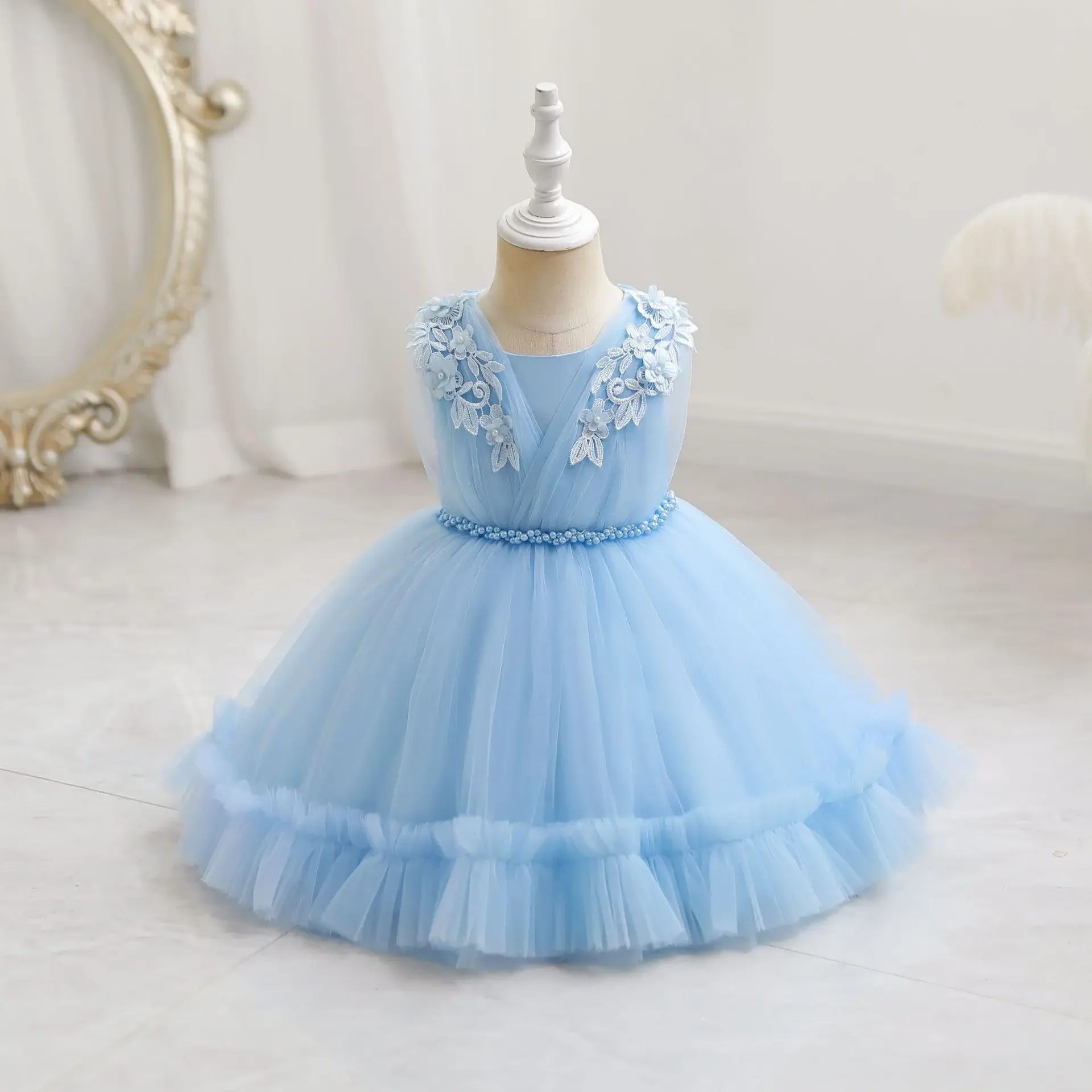 Robe de Princesse Astronomique en Coton pour Fille, Châle à Fleurs, Ceinture à Perles, Vêtements pour Enfants, ixd'Anniversaire, 1 An