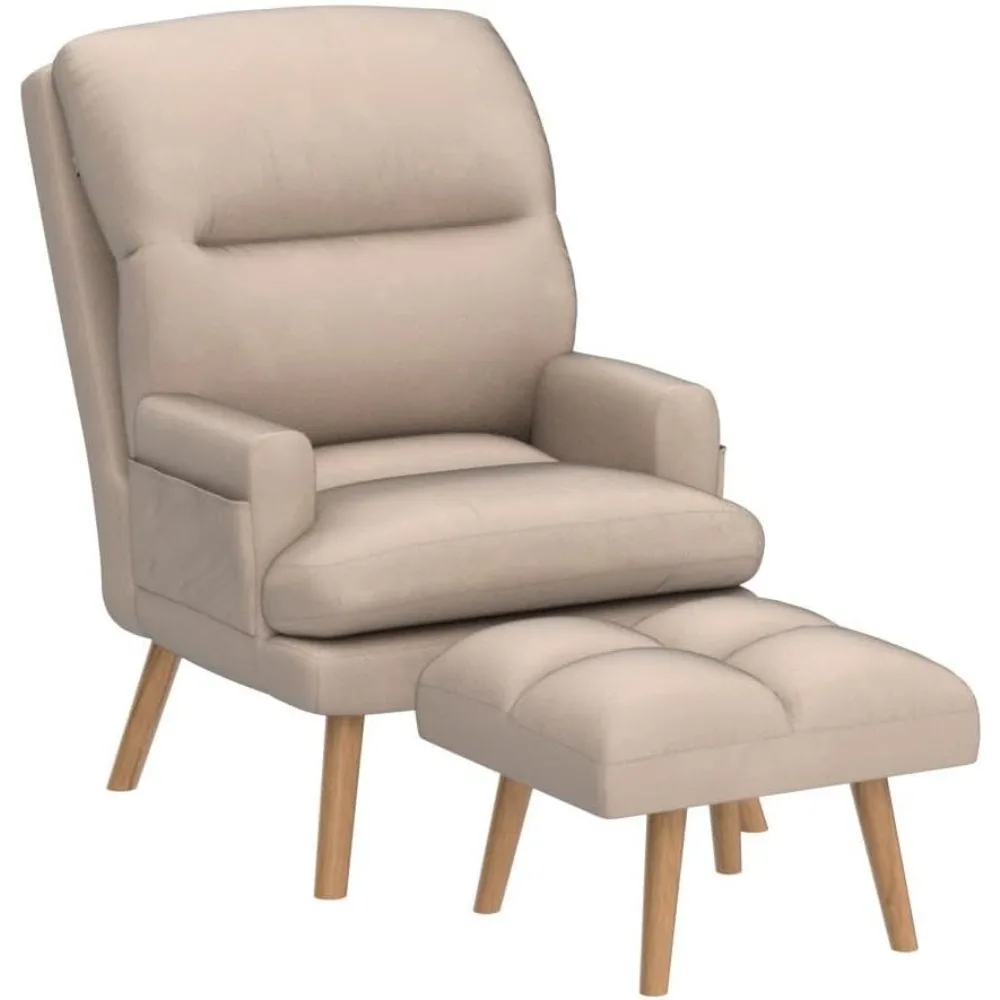 Sedia moderna in velluto di metà secolo con pouf, adatta per camera da letto o soggiorno