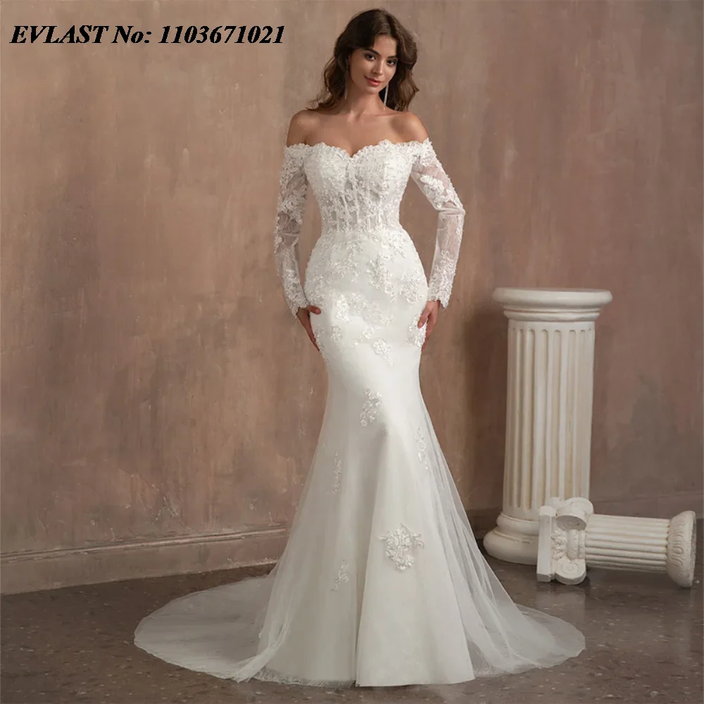 

EVLAST Customized 2025 Mermaid Wedding Dress Off Shoulder Lace Applique Beading Vestido De Novia Bridal Gown Robe De Mariee MD05