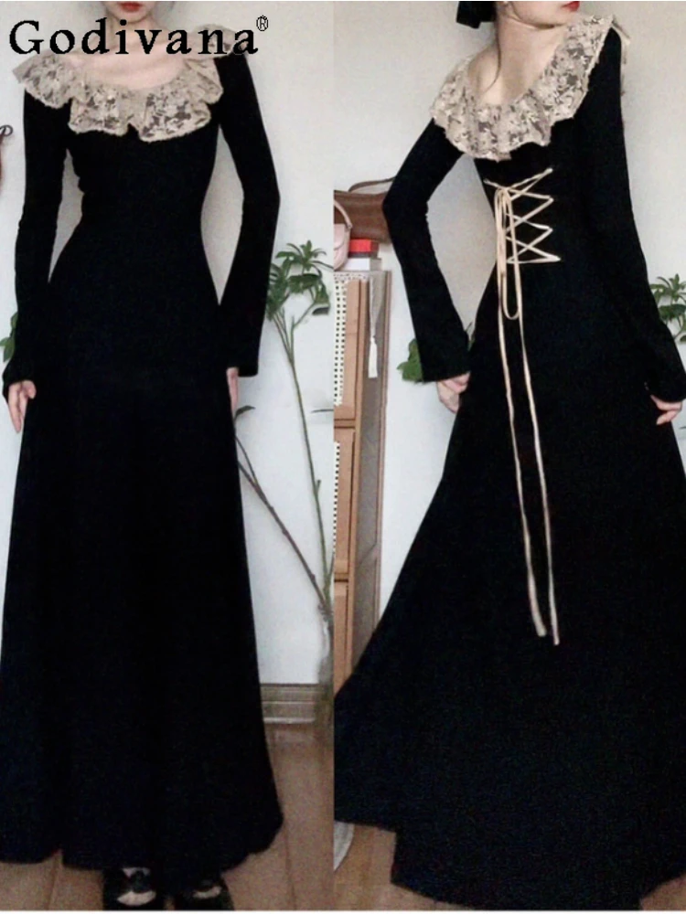 

Elegant French Black Knitted Long Sleeve Banquet Dresses Women Early Autumn New Temperament High Waist Lace-Up Party Long Dress