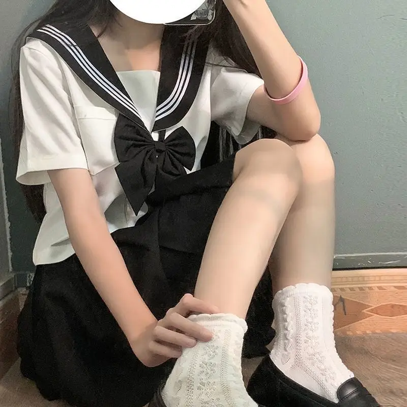 Sailor Suit Orthodox Jk Uniform Women's Suit Basic Style Black Collar White Three Books Japanese College Style Pleated Skirt Pri