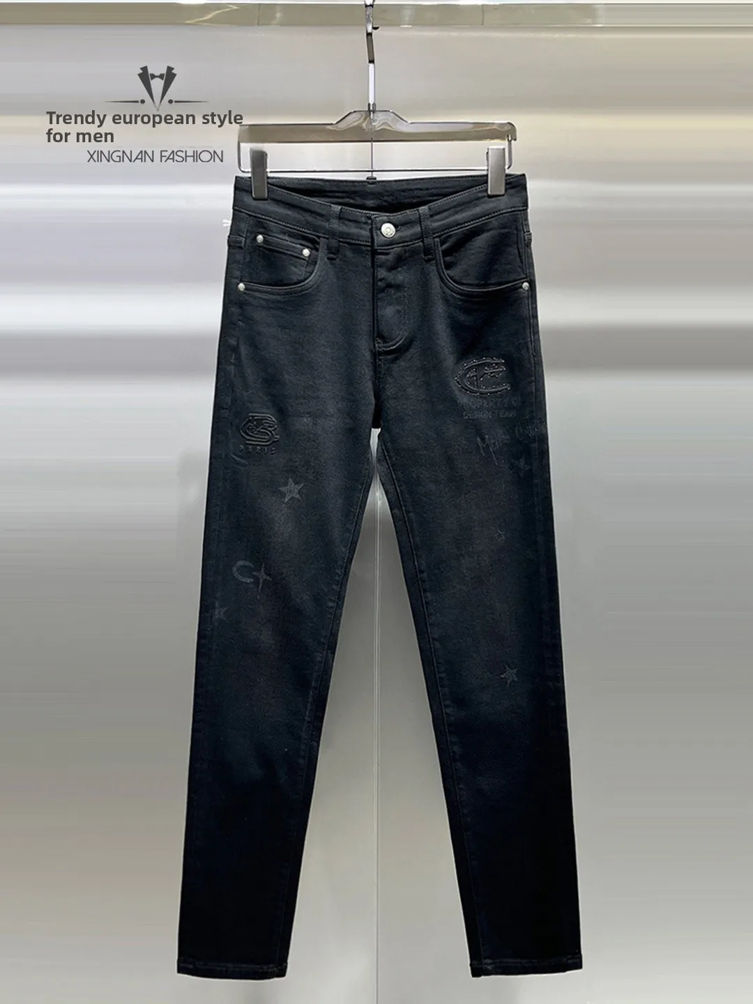 

Men's Winter Faion Slim Fit Jeans Fce Lined Trendy Brand Letter Print Comfortable Stretchy Long Pants Casual Urban Sle