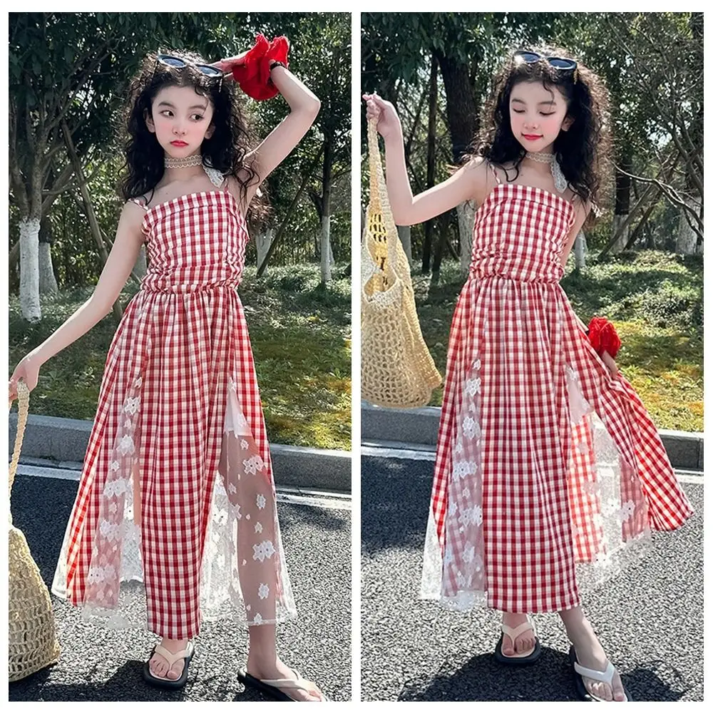 

Breathable Suspenders Children Plaid Dress Sleeveless Ruffled Kids Grid Long Dress Red Casual Girls Patchwork Skirt Kids Girls