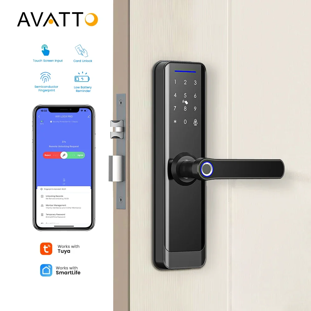 

Avatto Tuya Wifi Smart Digital Door Lock IC Card Smartphone App password manual key Fingerprint Smart Lock