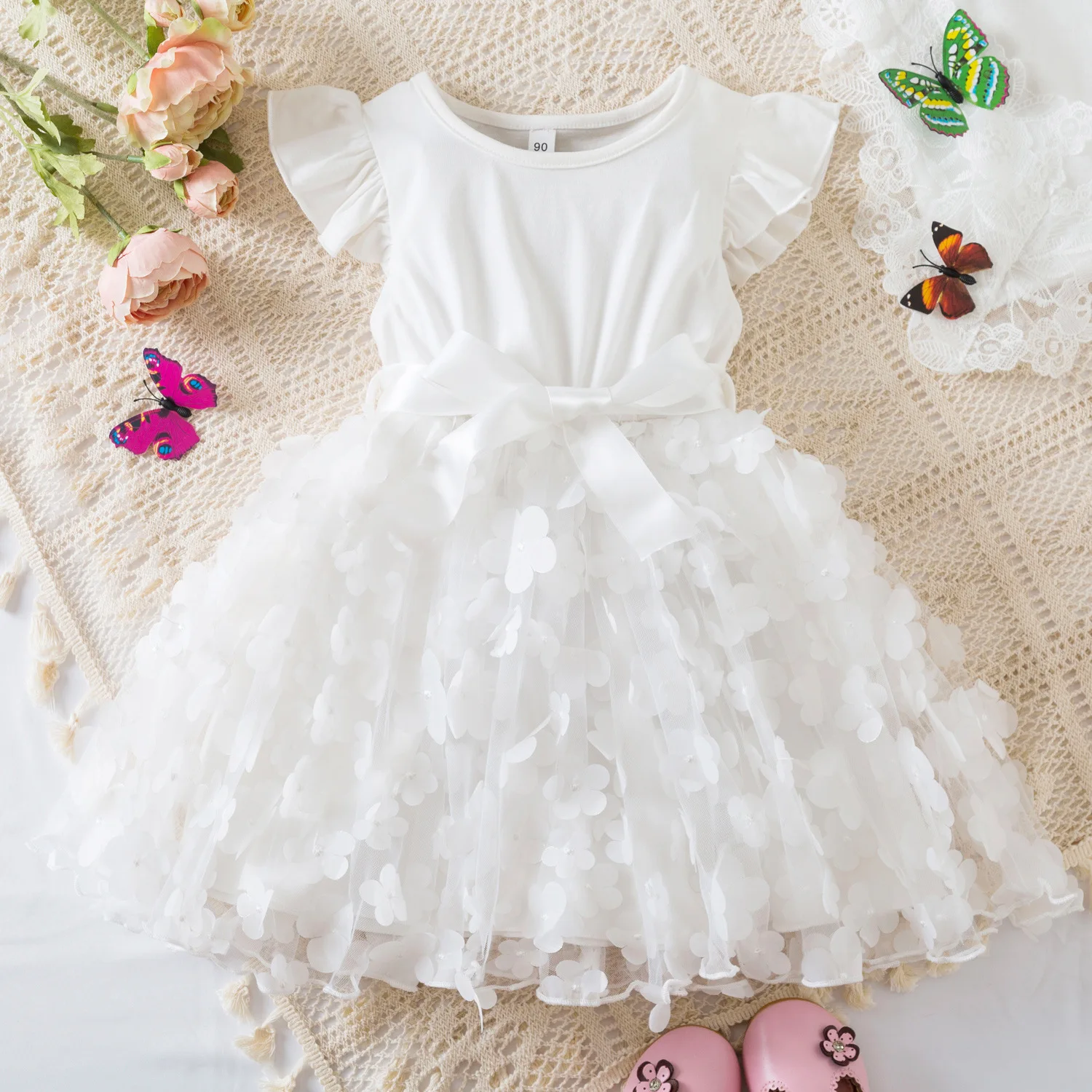 

XMLSY Kids Toddler 1-6 Years Toddler Little Girls Flutter Sleeves 3D Flower Girls Summer Dress