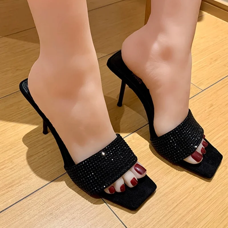 

Black Square Toe Rhinestone Stiletto High Heels Slippers Brand Designer Summer Sexy Velvet One Belt Shoes for Women Party Pumps