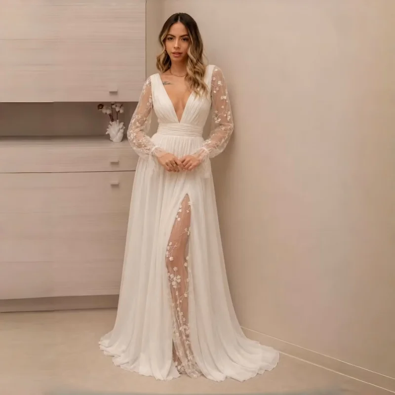 Long Sleeve Boho Flowy Wedding Dress Lace Chiffon A-Line V-Neck Beach Gown with Split Front and Sweep Train Customizable 2026