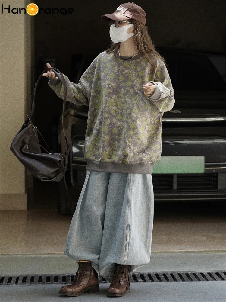 HanOrange 2025 Early Autumn Fashion Large Edition Shoulder Drop Floral Sweatshirt Women Delicate Smooth Top Apricot/Gray