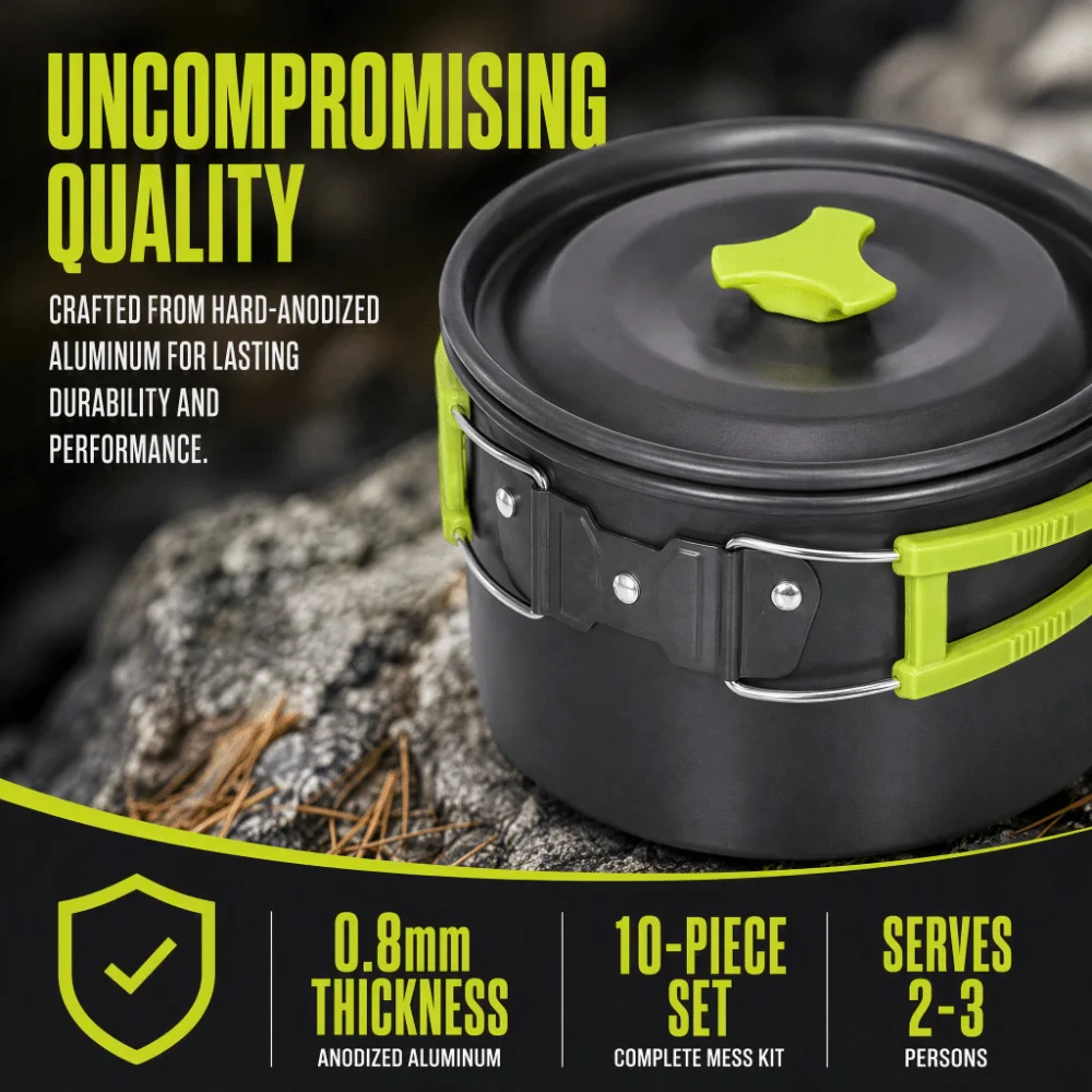 10 Pcs Stackable Cookware Set Compact Storage Bag Included Cooking Gear Aluminum Alloy Stainless Steel Camping Mess Kit