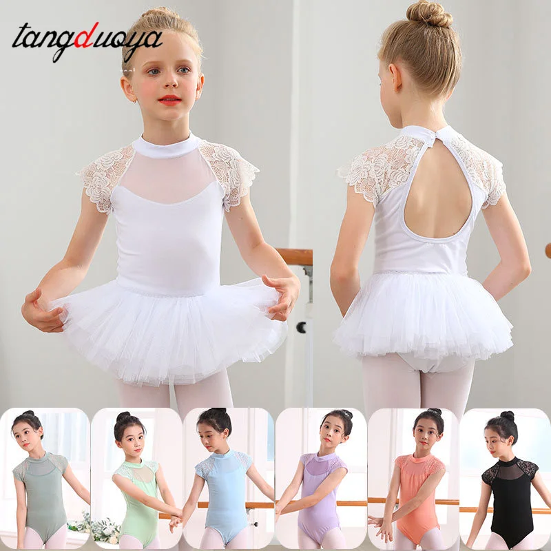 Body da balletto in pizzo per ragazze Colletto alla coreana Body da ginnastica con schiena cava Body da balletto in cotone Body da ballo per bambini per ragazze