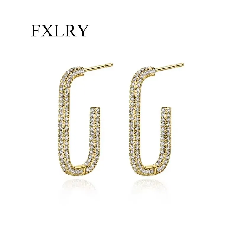 

FXLRY Simple Shinning Big Gold Cubic Zirconia U Shape Hoop Earrings for Women Girl Fashion Party Accessories