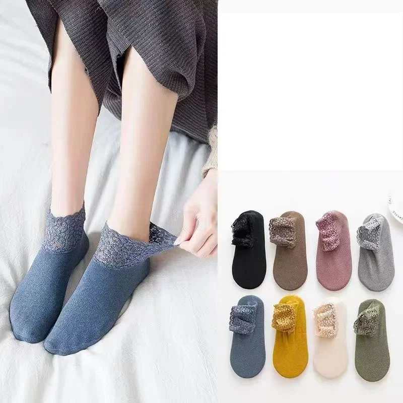 2023 New Lace Warmer Socks Women Fashion Ladies Girl Winter Non-Slip Cotton Warm Ankle Socks Soft Thin Breathable Casual