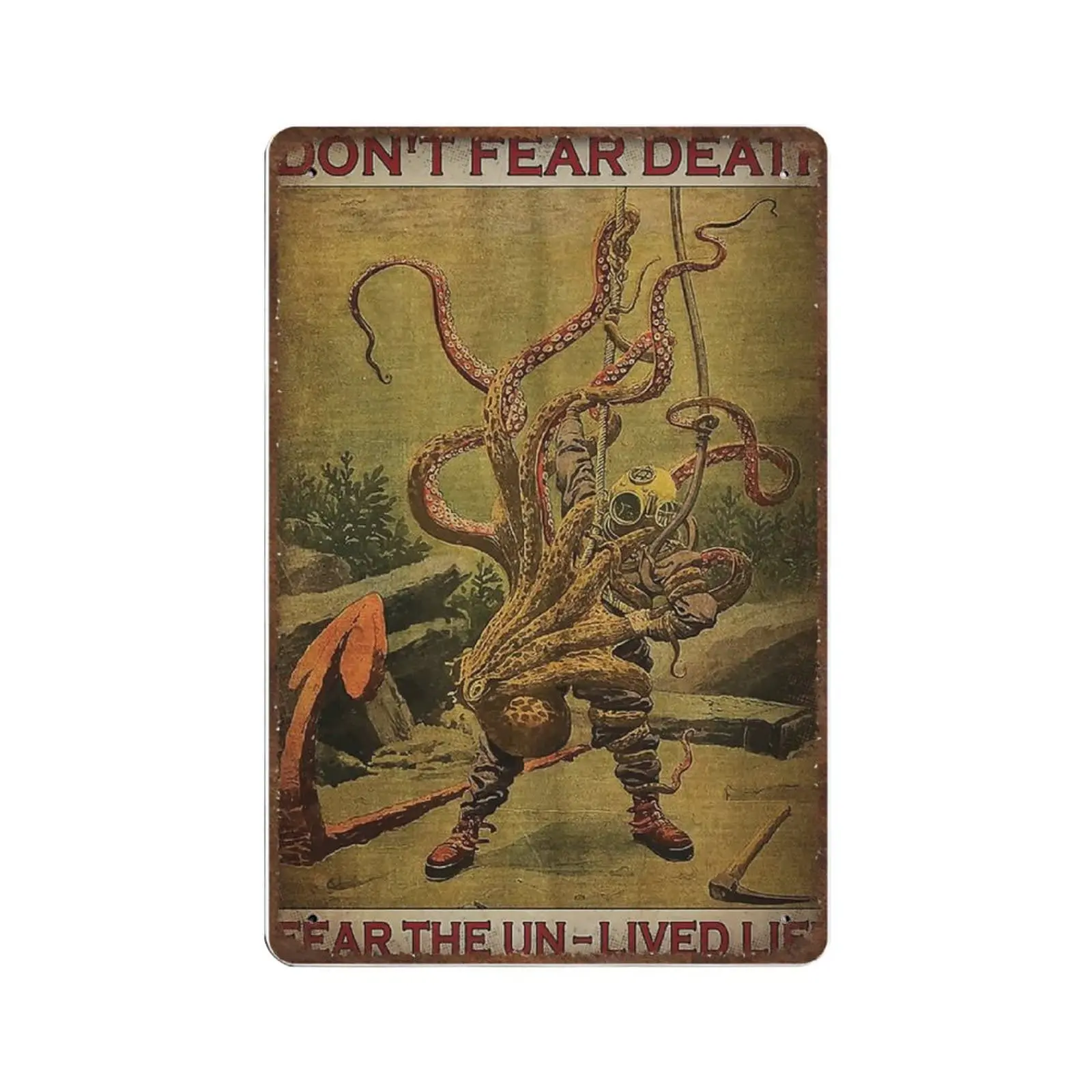 Vintage Metall Blechschild Plakette, Scuba Diving Diver Dive und Octopus Don;t Fear Death Blechschild, Man Cave Pub Club Cafe Home Decor P