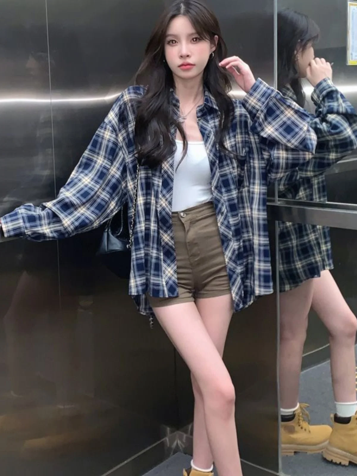 

Spring Autumn Plaid Shirt Women Thin Sun Protection Long Sleeve Collar Regular Fit Outerwear Coat Boyfriend Style New Model