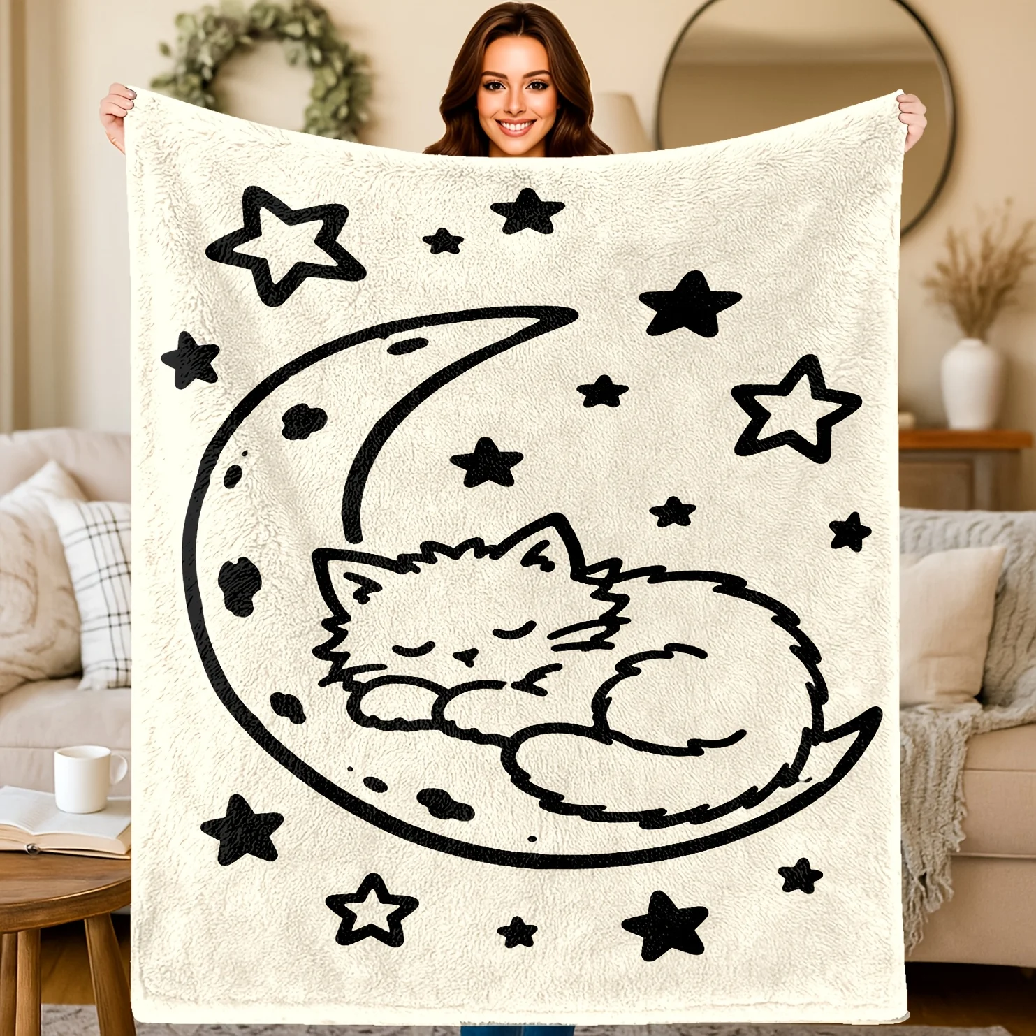1pc Blanket Flannel Blanket, Moon Star Sleeping Cat, All Seasons Applicable, Birthday And Holiday Gift, Suitable for Sofa Bed Of